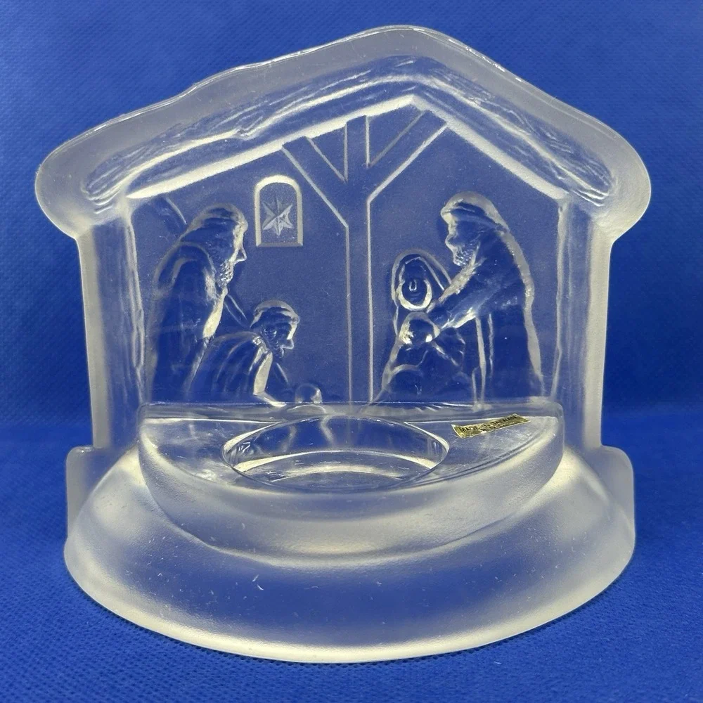 Vintage Frosted Glass Candle Holder Christmas Nativity Scene Manger 4